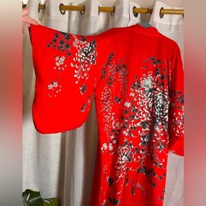 Vintage Red Floral Japanese Silk Hayashi Kimono AS IS